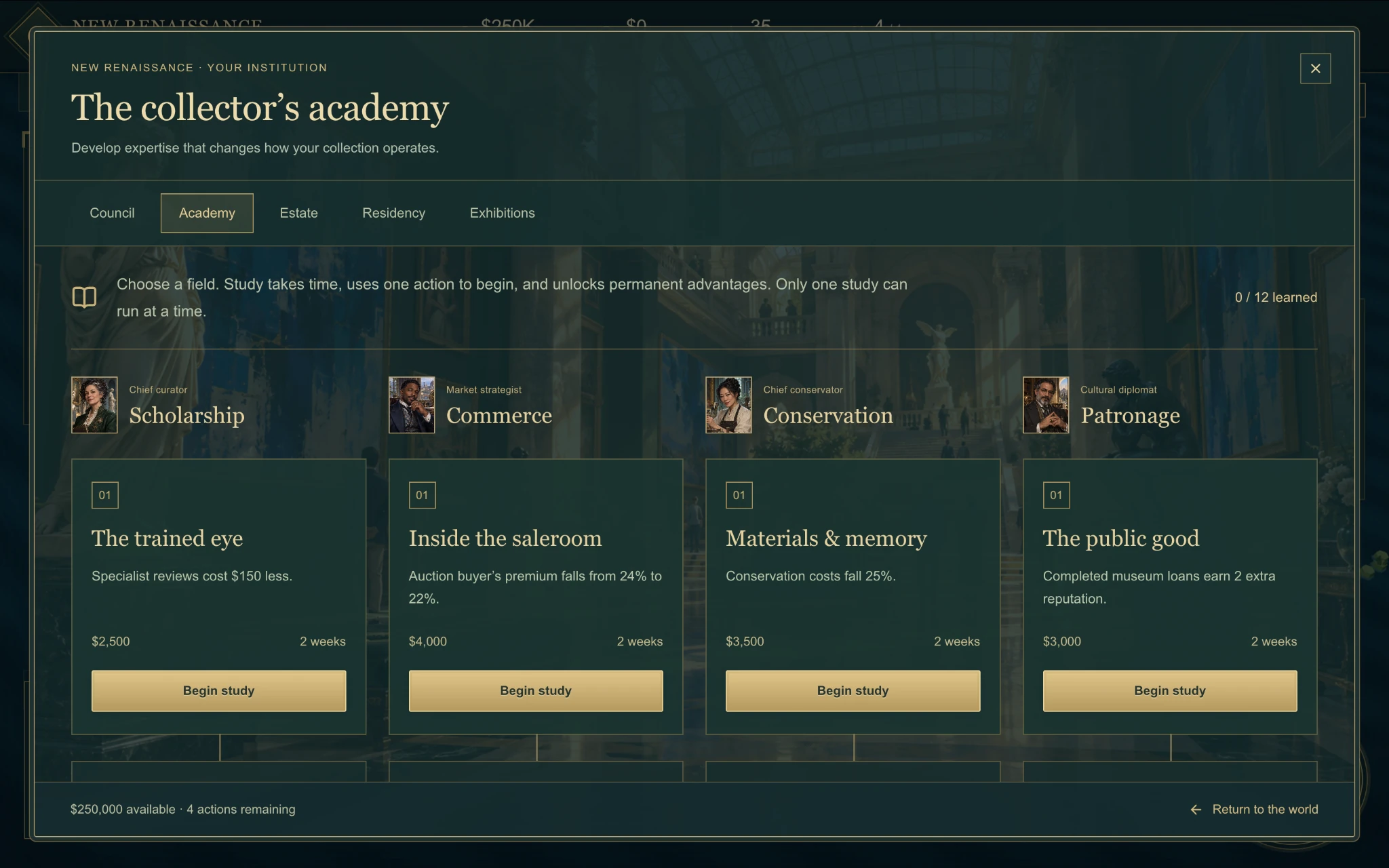 Gameplay academy with scholarship, commerce, conservation and patronage studies