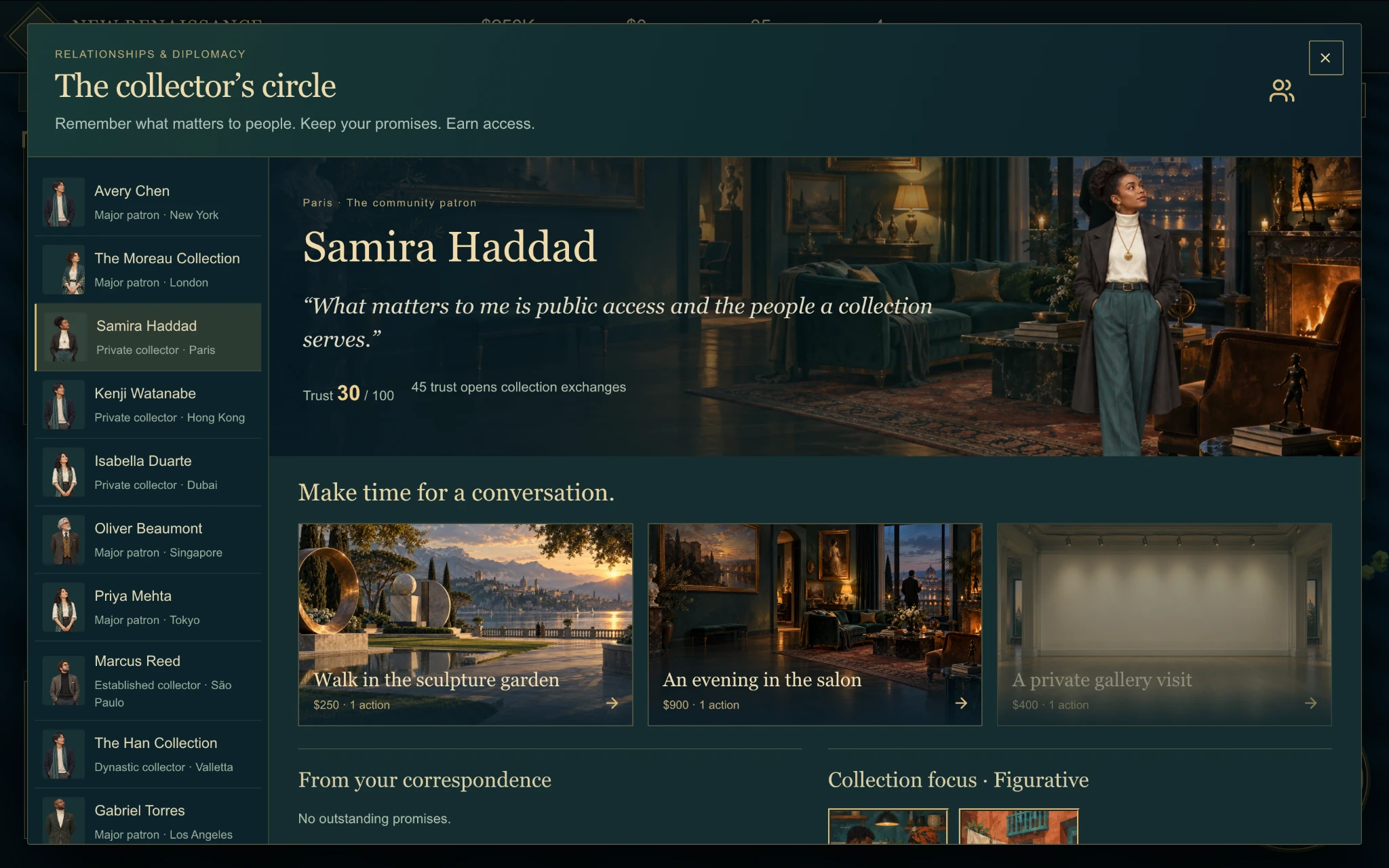 Gameplay diplomacy screen with collector relationships and conversations
