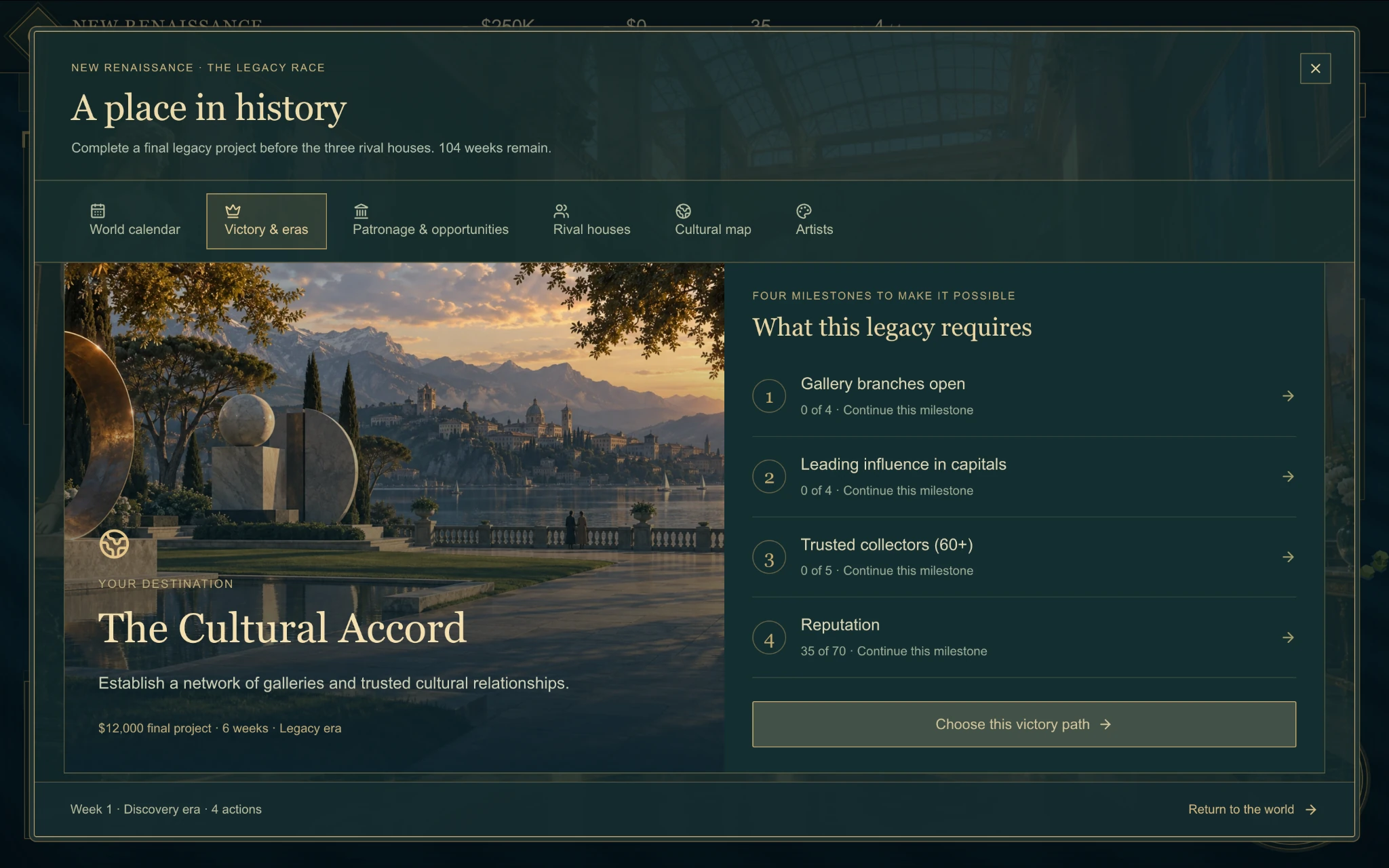 Gameplay legacy screen showing The Cultural Accord and its objectives