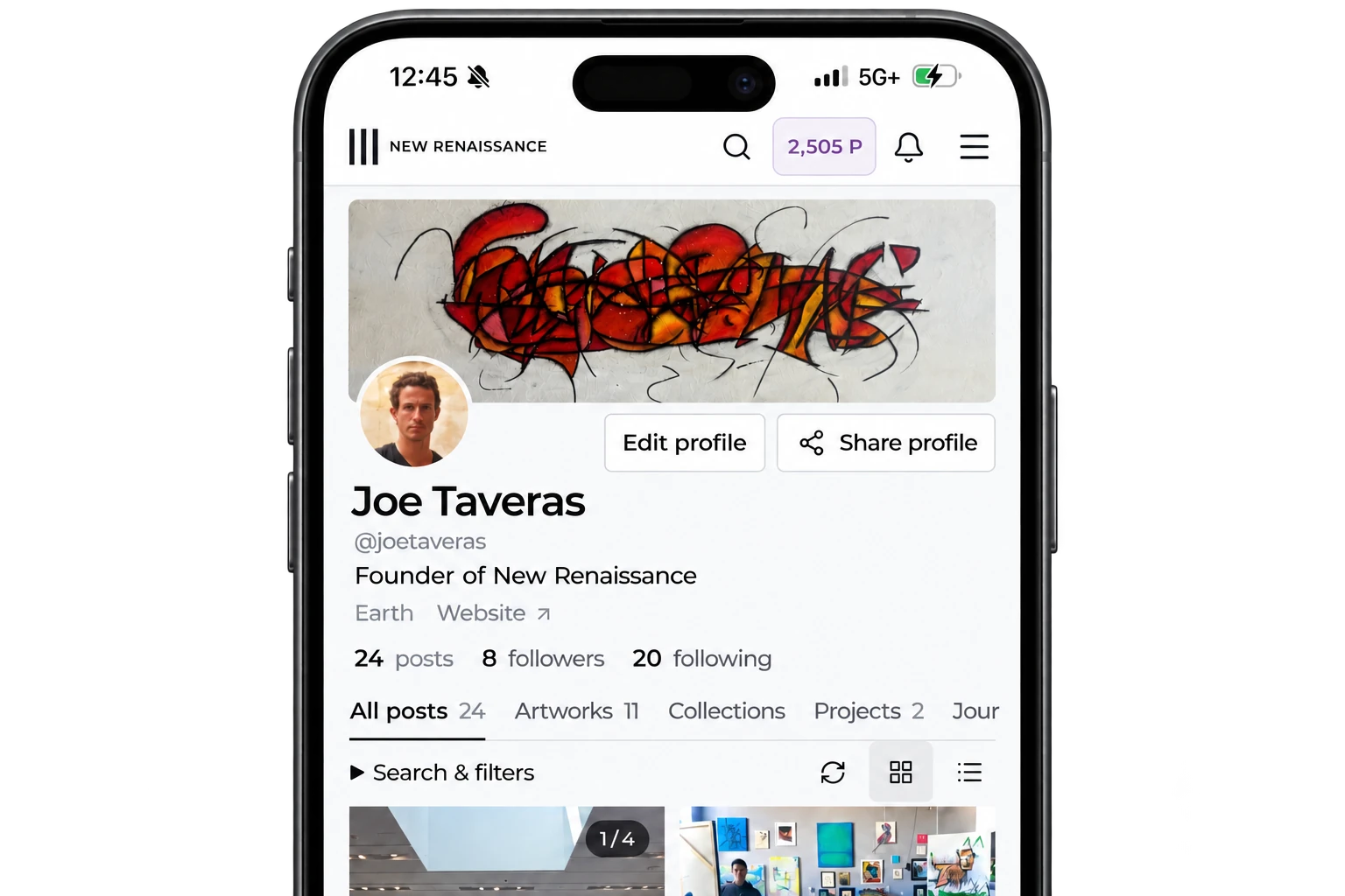 Joe Taveras’s New Renaissance profile showing artwork, projects, collections and posts on mobile.