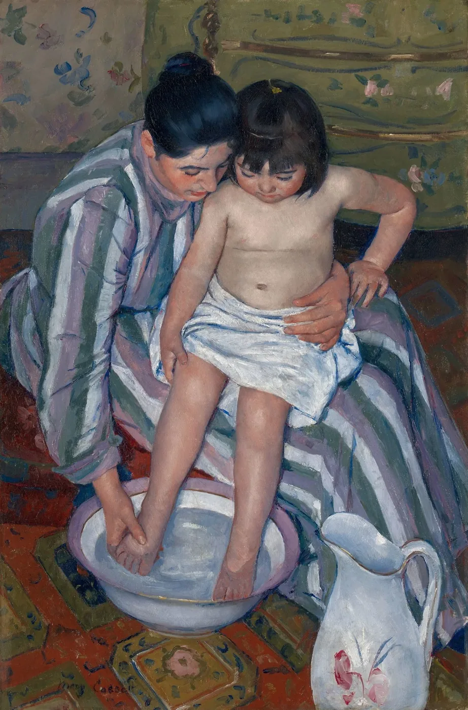 A woman washes a child’s feet in a basin in Mary Cassatt’s The Child’s Bath, 1893.