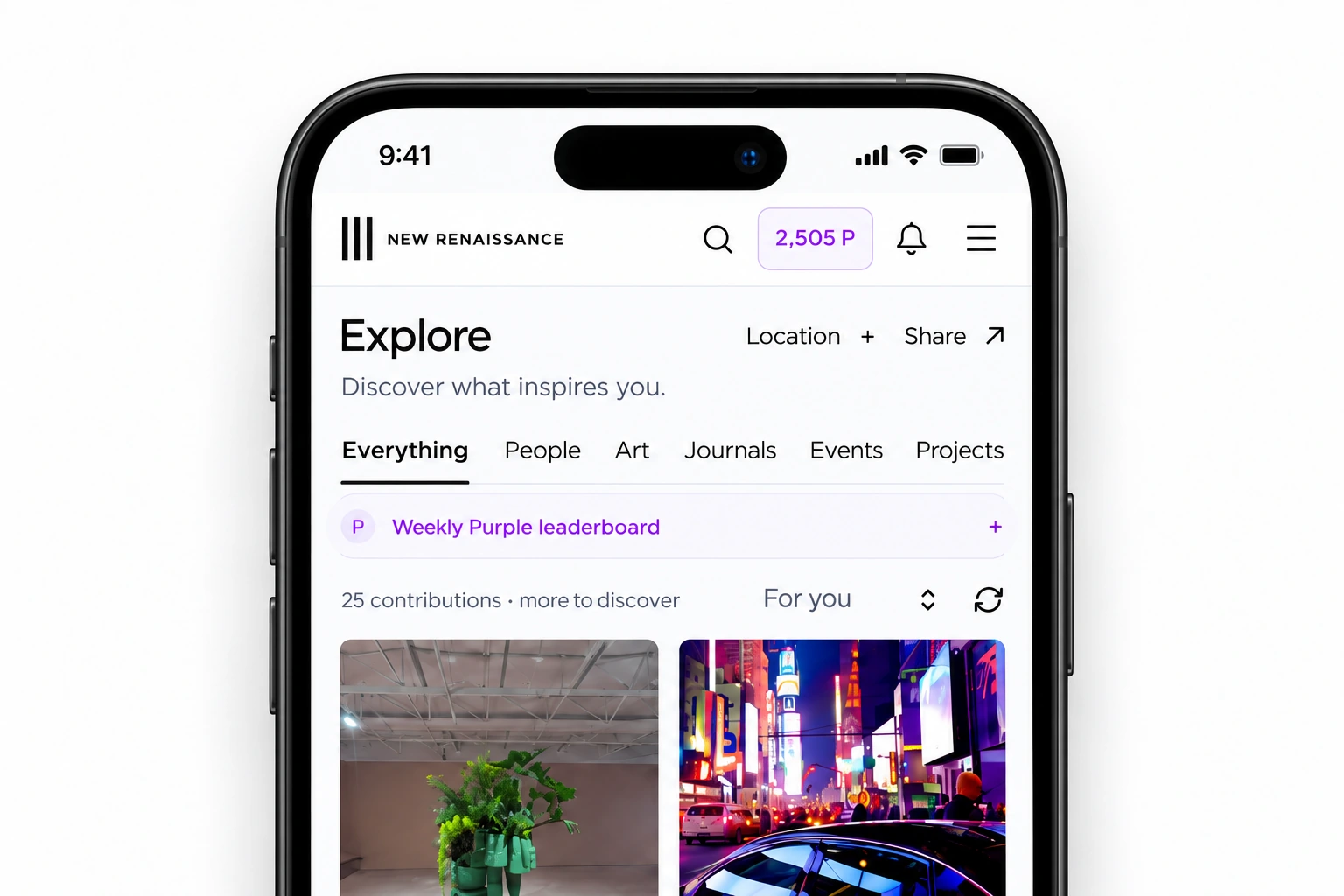 The New Renaissance Explore page with categories for people, art, journals, events and projects.