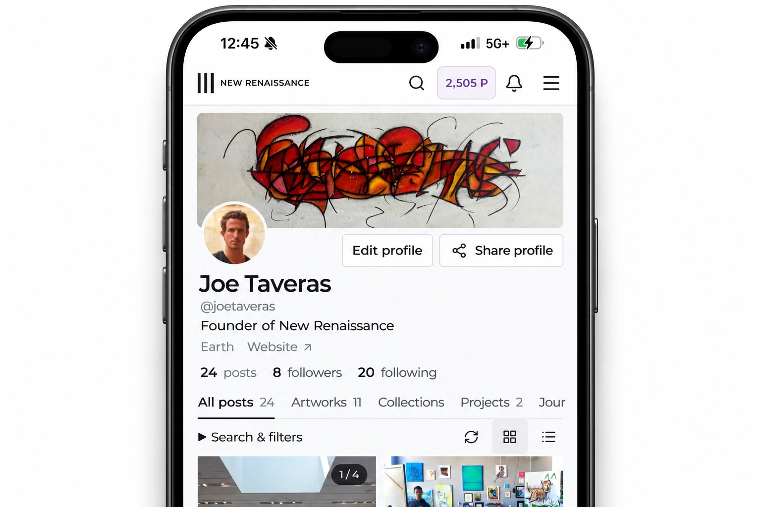 Joe Taveras’s New Renaissance profile, showing his cover artwork and tabs for posts, artworks, collections, projects and journal entries.