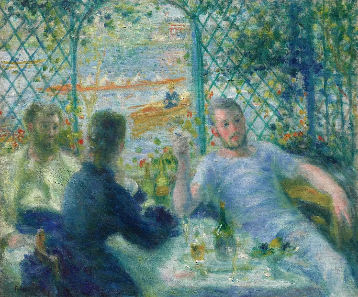 Three people seated around a white table beside the Seine in Renoir’s 1875 painting.