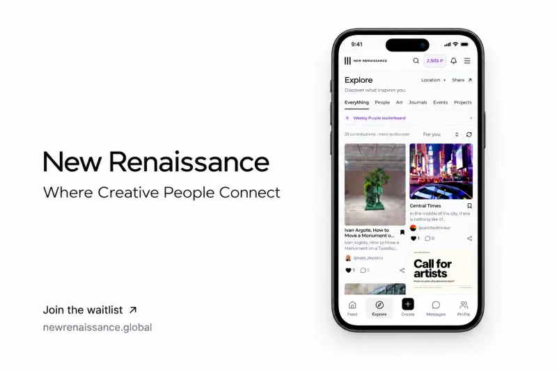 New Renaissance — Where Creative People Connect, with a view of the Explore page.